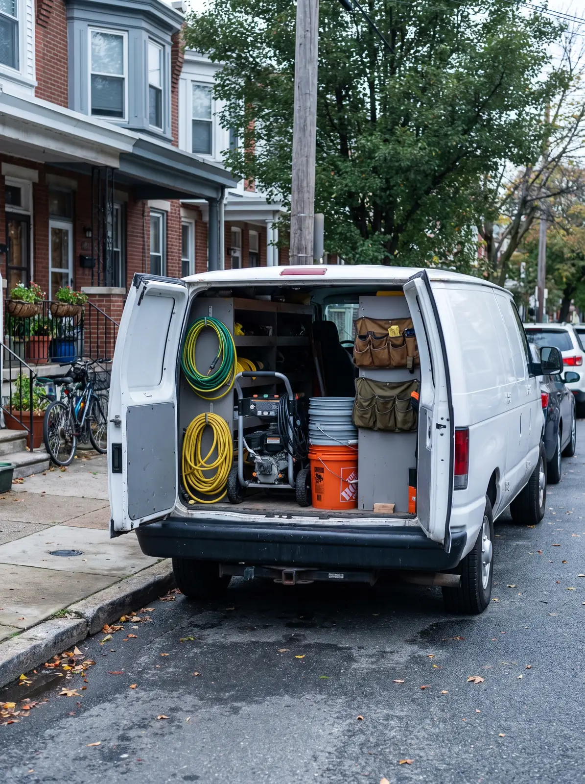HVASKY van at the kerb with its cleaning equipment racked inside