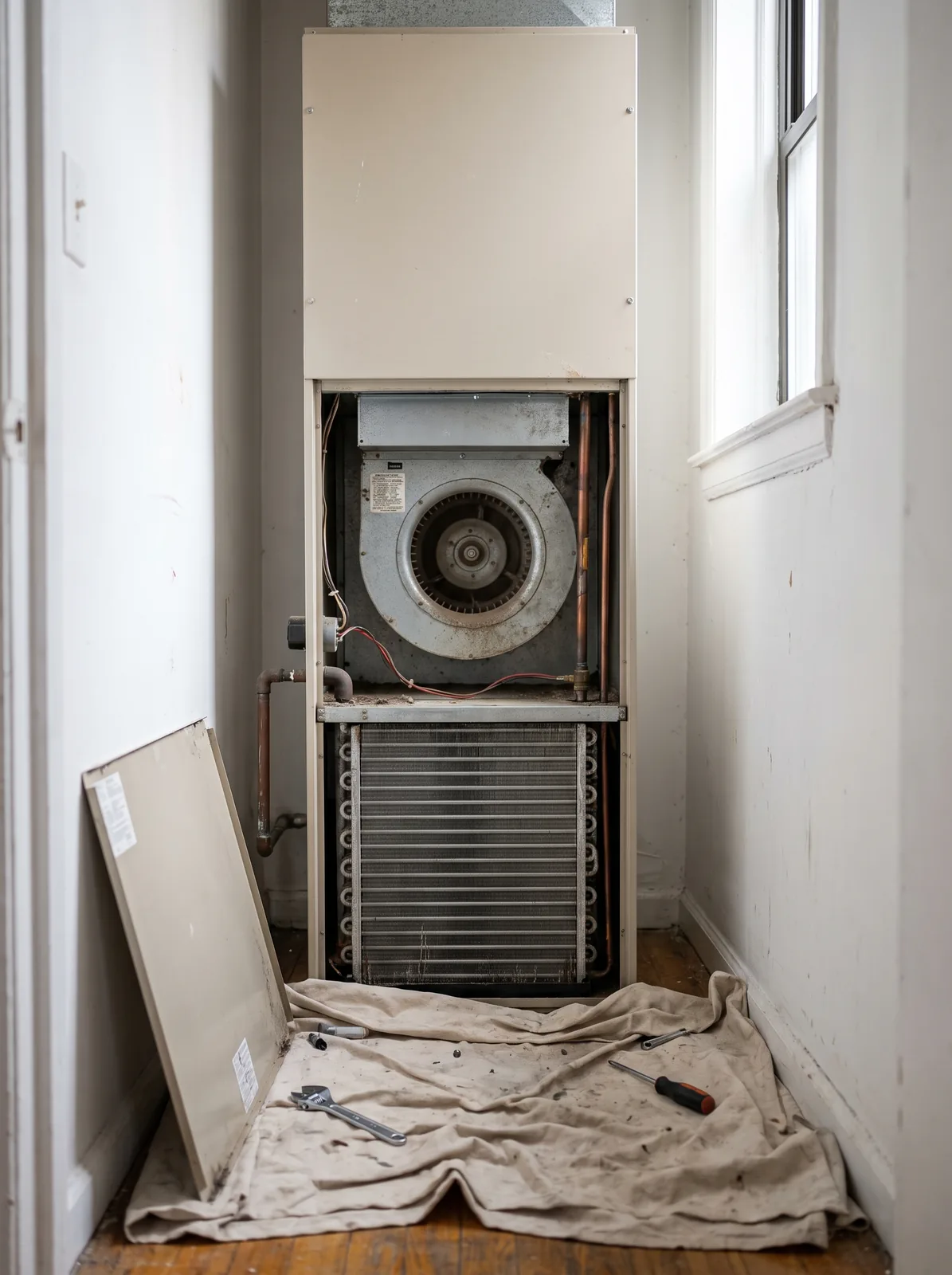 Air handler cabinet open, showing the blower wheel and evaporator coil