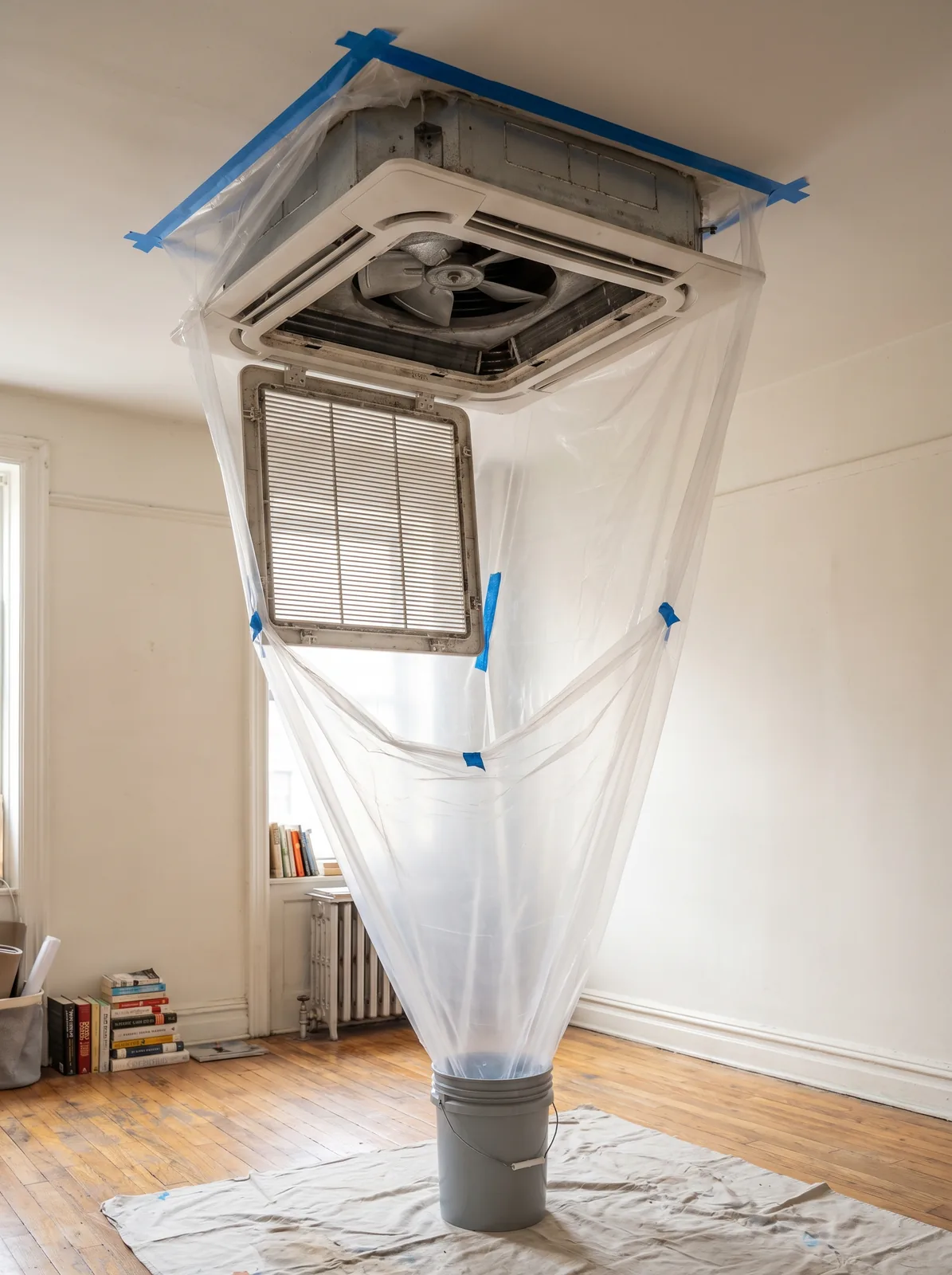 Ceiling cassette opened for cleaning with a catch tent draining into a bucket