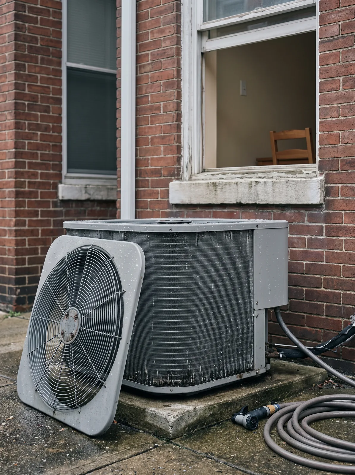 Outdoor condenser with its fan grille removed and the coil rinsed