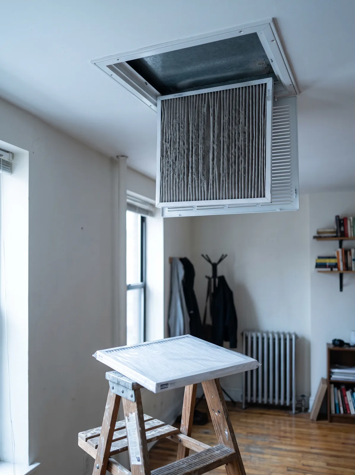 Dust-loaded return filter sliding out beside its clean replacement