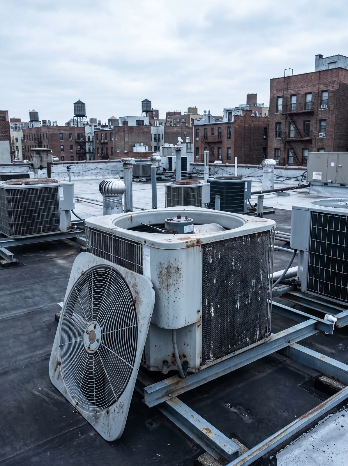 Rooftop condensers on steel dunnage, the nearest one opened for service