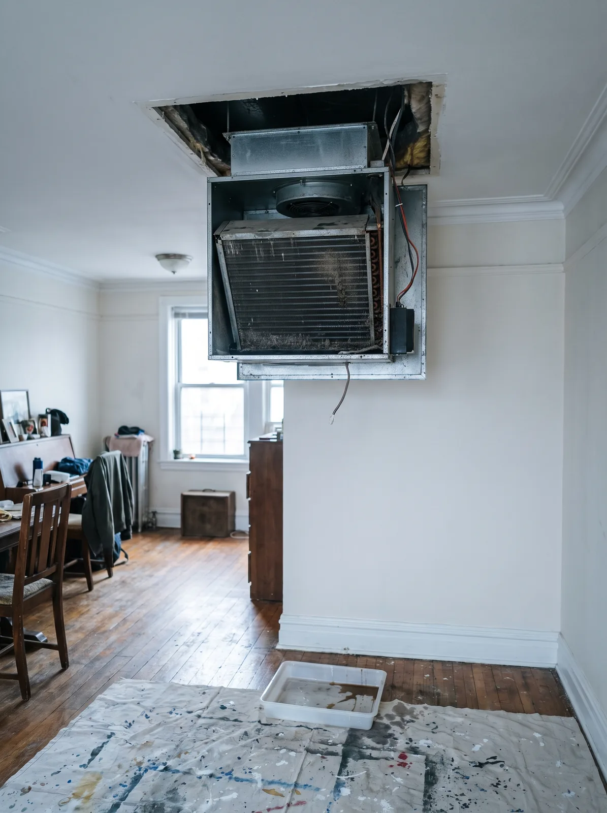 Ducted fan coil unit exposed through an open ceiling access panel