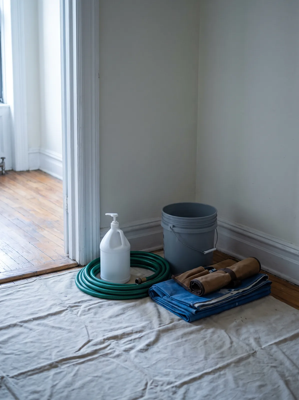The crew’s cleaning kit staged in a Brooklyn apartment before a visit