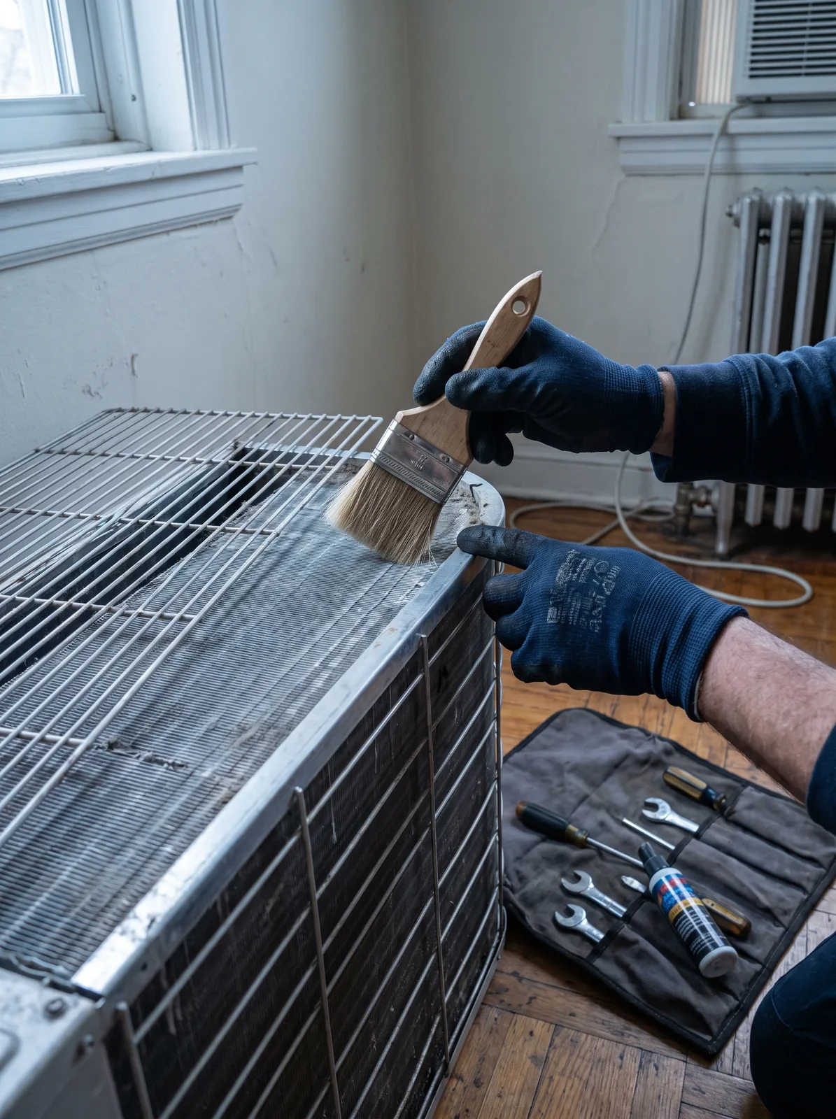 Gloved hands cleaning a condenser coil during a seasonal tune-up
