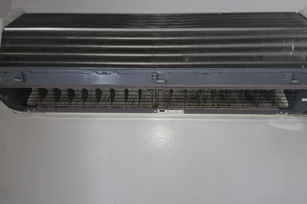 Mini-split head with the cover removed, coil and blower dark with dust
