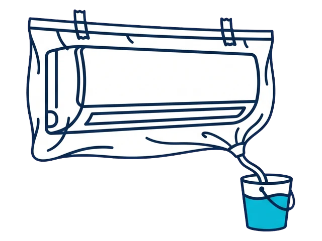 Mini-split sealed in a wash bag draining into a bucket