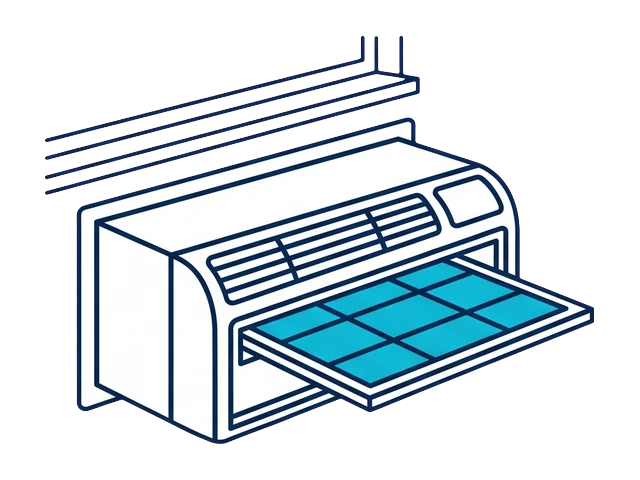 Filter sliding out of a PTAC below its discharge grille