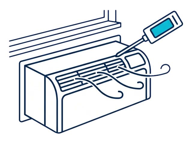 Probe thermometer held in the discharge air of a running PTAC