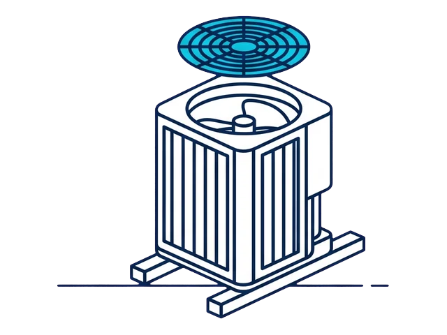 Fan and grille lifted clear of a rooftop condenser