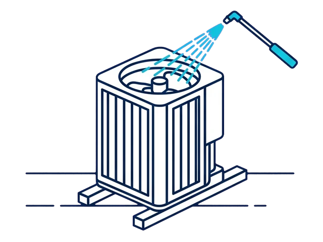 Rooftop condenser coil rinsed from the inside outwards