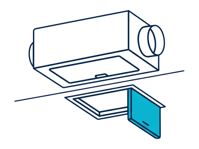 Ceiling access panel hinged open under a ducted fan coil