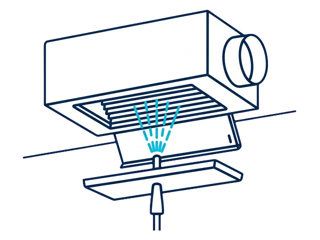 Spray wand washing a fan coil over a catch tray
